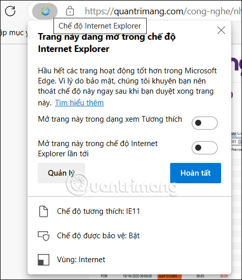 Tùy chọn trang web trên Internet Explorer