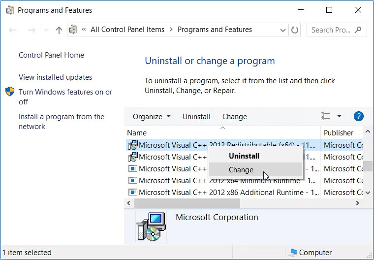 Cài đặt lại hoặc sửa chữa chương trình Microsoft Visual C++