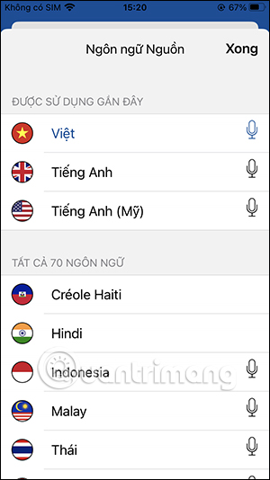 Chọn ngôn ngữ nguồn trên Instant Voice Translate