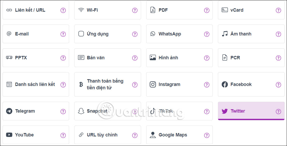 Chọn nội dung cần tạo mã QR trên Me QR Generator