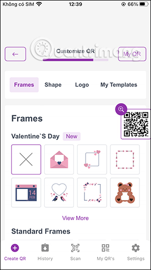 Giao diện chỉnh khung QR