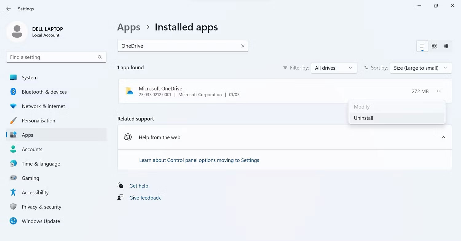 Gỡ cài đặt Microsoft OneDrive trong ứng dụng Windows Settings