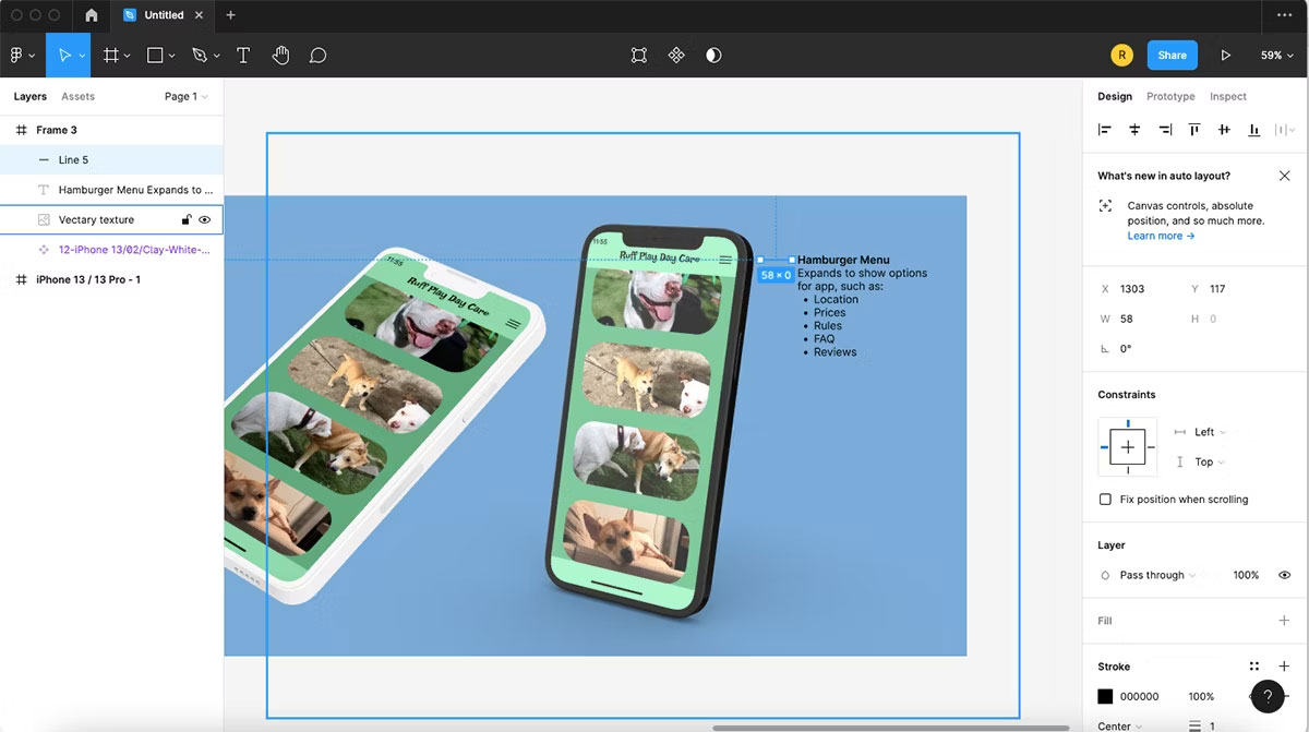 Thiết kế trong Figma với vùng chọn trên một đường kẻ ngang ngắn