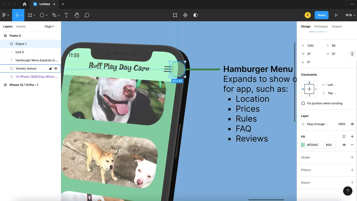 Màn hình Figma với thiết kế được phóng to hiển thị một vòng tròn màu xanh lục với độ mờ 60%