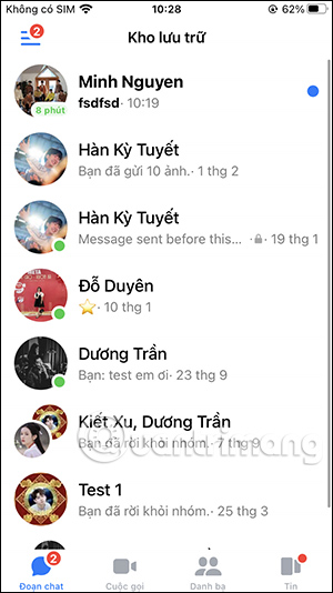 Danh sách tin nhắn lưu trữ Messenger