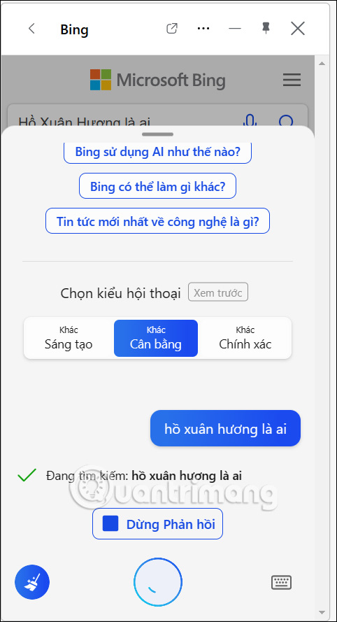 Mục trò chuyện trên Bing AI mới 