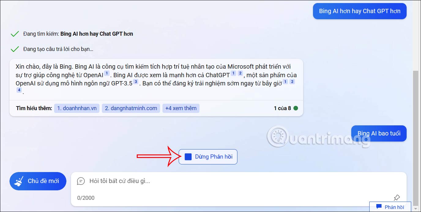 Dừng phản hồi trên Bing AI mới 