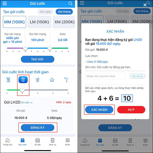 Đăng ký gói LH2D MobiFone