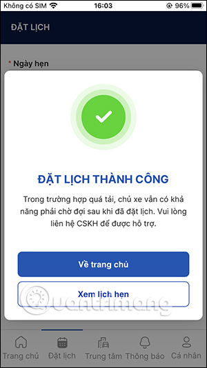 Đặt lịch hẹn thành công