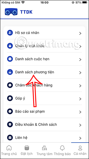 Danh sách phương tiện trên TTDK