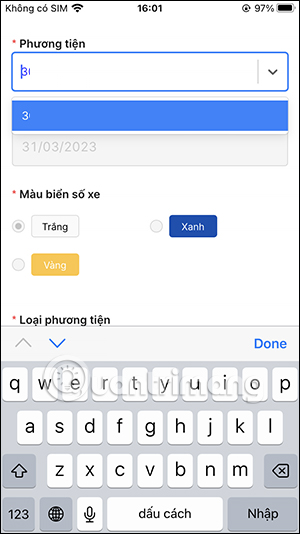 Chọn thông tin xe cần đăng kiểm