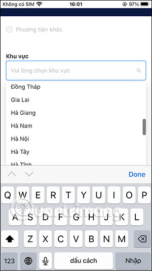 Chọn khu vực cần đăng kiểm
