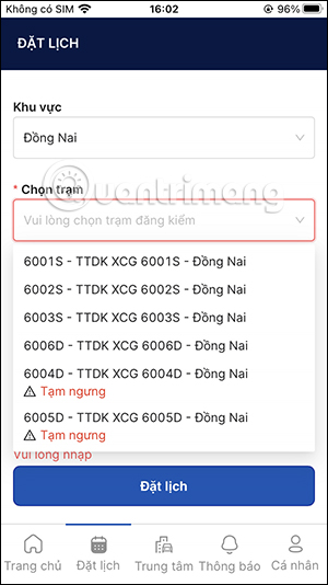 Chọn trạm đăng kiểm