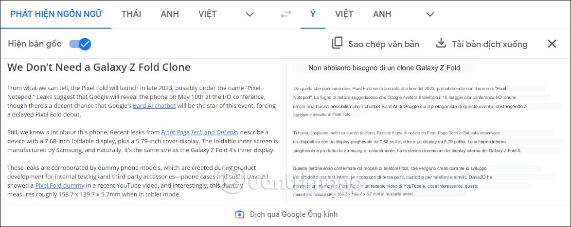 Hiện bản gốc dịch ảnh trên Google dịch
