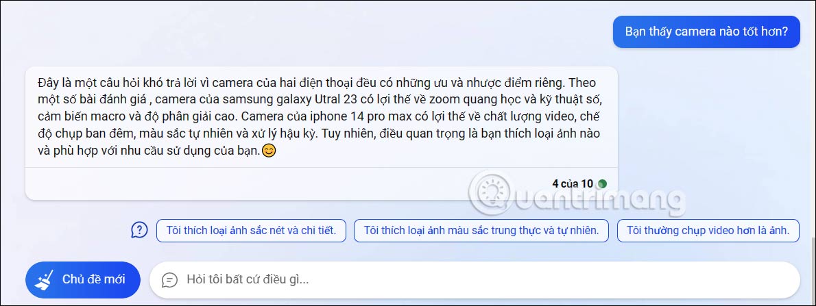 Câu hỏi bảng so sánh trên Bing Chat AI