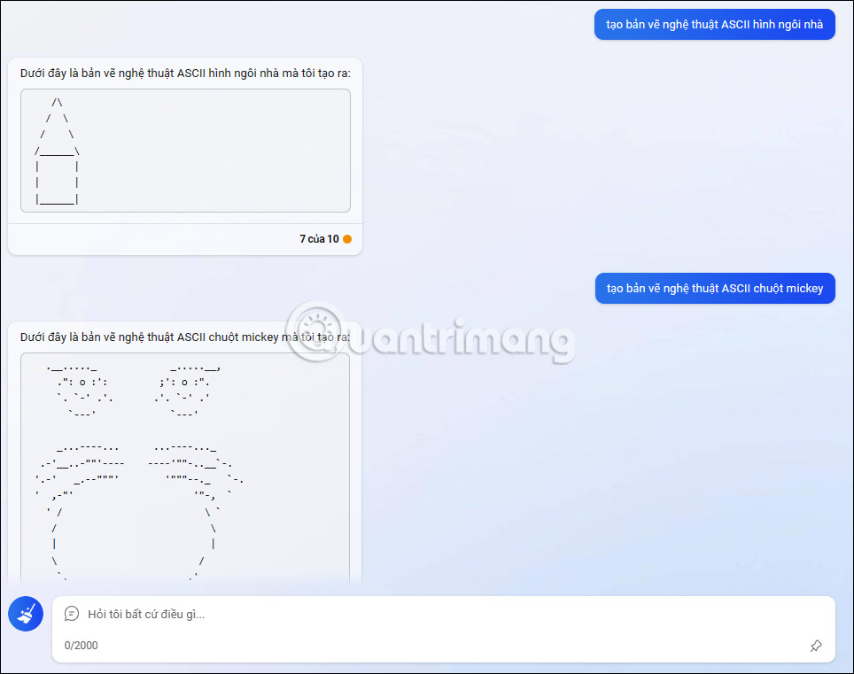 Tạo bản vẽ nghệ thuật ASCII trên Bing Chat AI