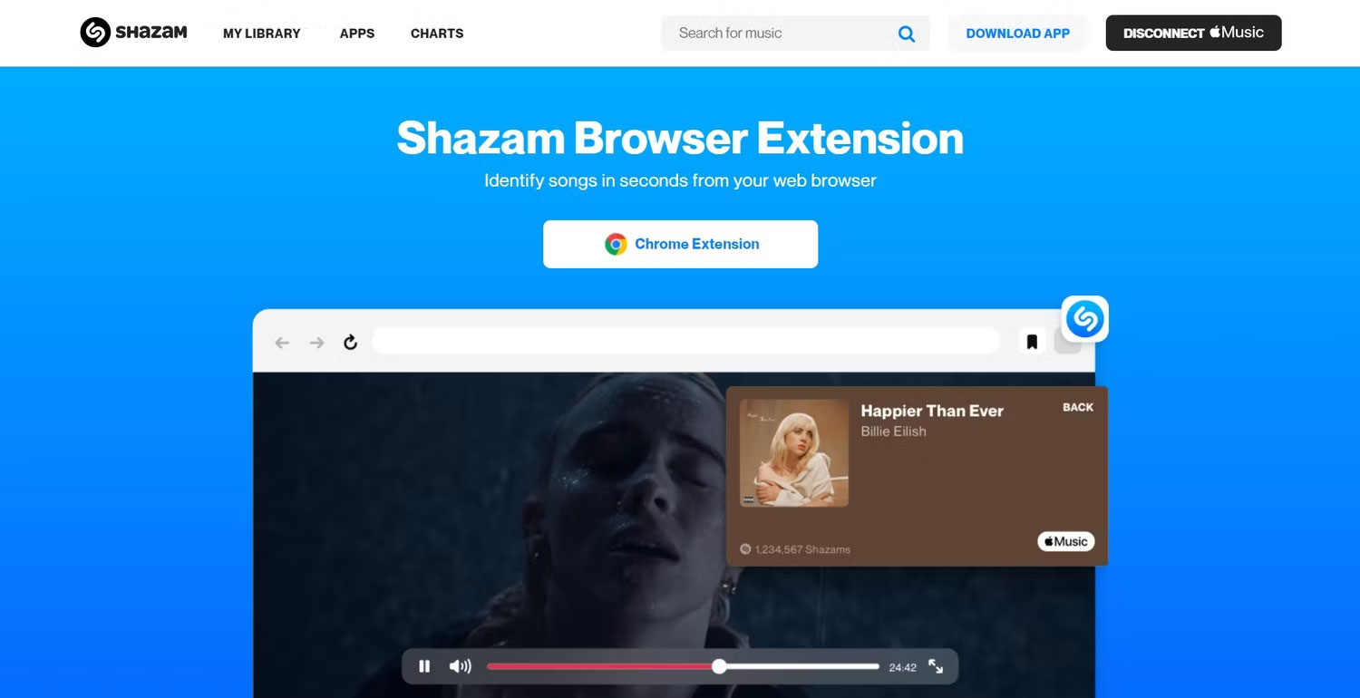 Trang tiện ích mở rộng web Shazam