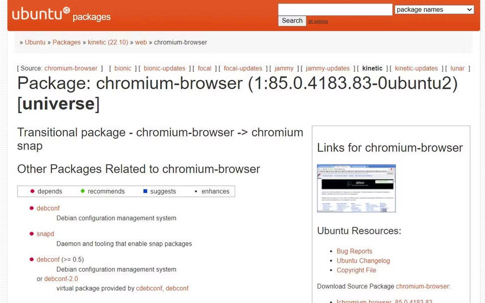 Trang web gói Ubuntu Chromium với các dependency