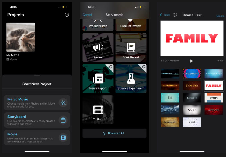 Bắt đầu dự án tạo trailer phim trong iMovie