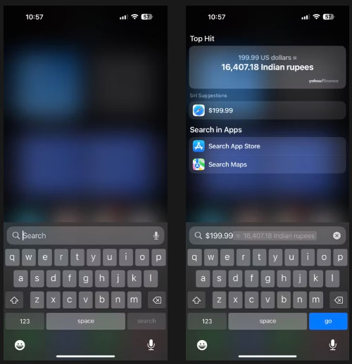 Chuyển đổi một số tiền trong Spotlight Search
