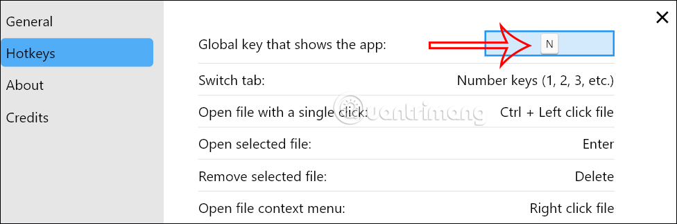 Phím tắt trên My Favorite Files