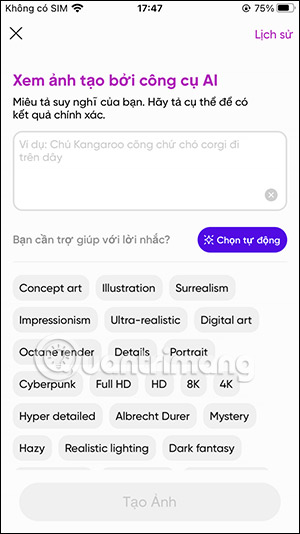 Giao diện nhập mô tả ảnh trên PicsArt