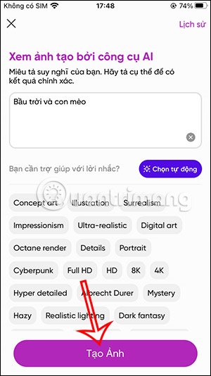 Tạo ảnh từ mô tả đã nhập
