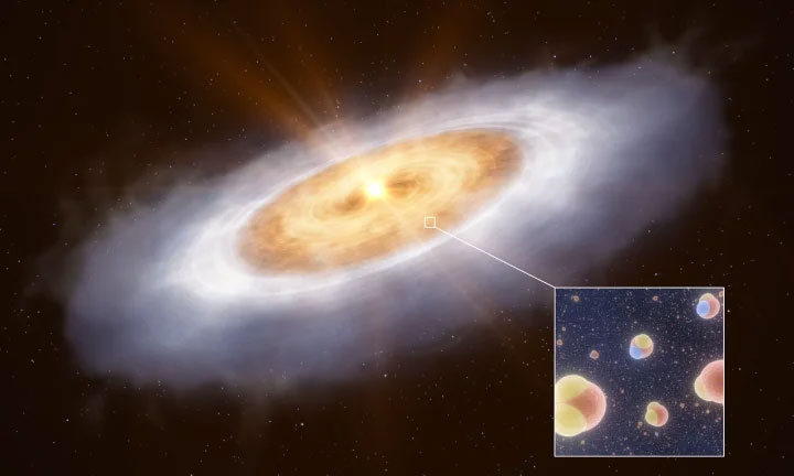 Mô phỏng đĩa hình thành hành tinh xung quanh ngôi sao V883 Orionis. Hình ảnh bên trong cho thấy hai loại phân tử nước được nghiên cứu trong đĩa này: nước bình thường, với một nguyên tử oxy và hai nguyên tử hydro, và một phiên bản nặng hơn trong đó một nguyên tử hydro được thay thế bằng deuterium, một đồng vị nặng của hydro.