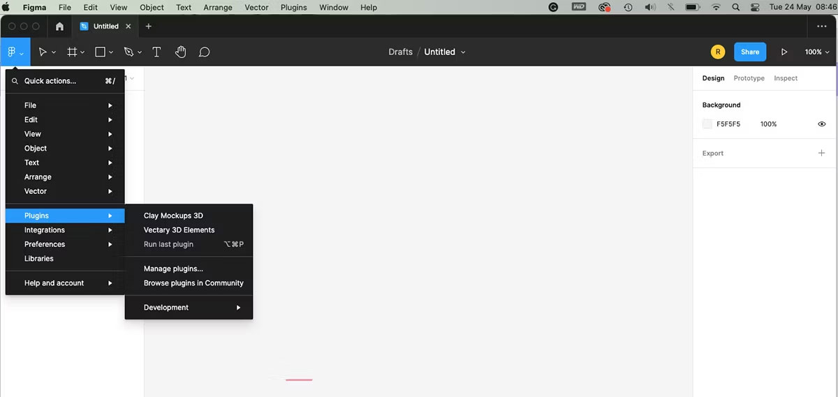 Màn hình thiết kế Figma với menu File hiển thị các tùy chọn plugin