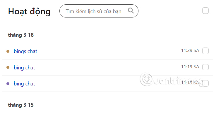 Lịch sử hoạt động trên Bing AI