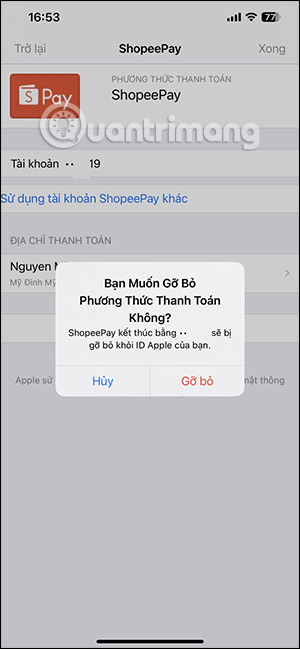Hủy liên kết ShopeePay khỏi Apple