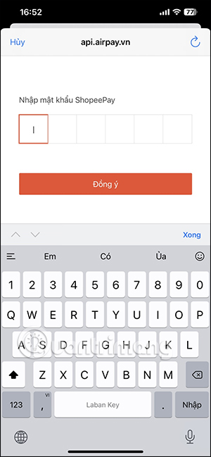 Nhập mật khẩu ShopeePay