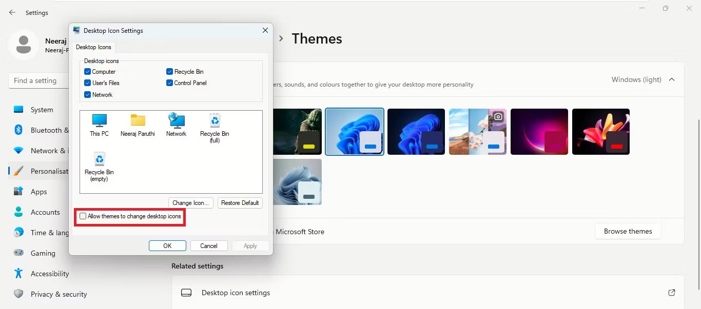 Bỏ chọn Allow Themes To Change Desktop Icons