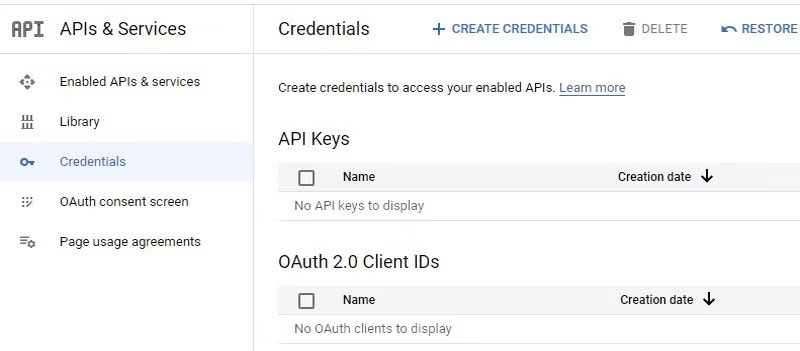 Thiết lập Client ID và Client Secret bằng cách nhấp vào nút Create Credentials