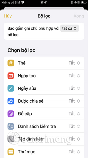 Bộ lọc ghi chú trên iPhone
