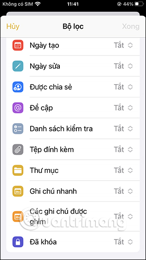 Chọn bộ lọc ghi chú trên iPhone