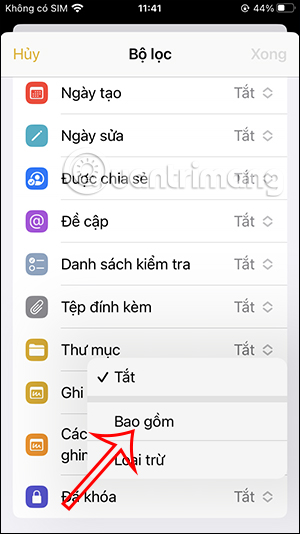 Chọn trường bộ lọc ghi chú iPhone