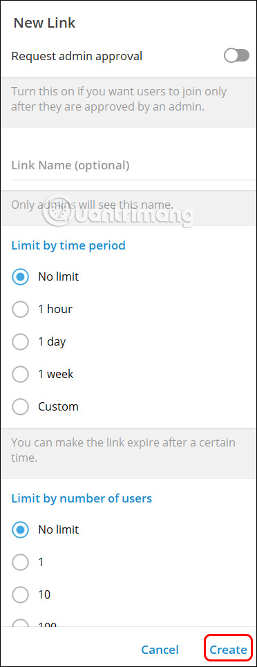 Đặt giới hạn link nhóm mới trên Telegram PC