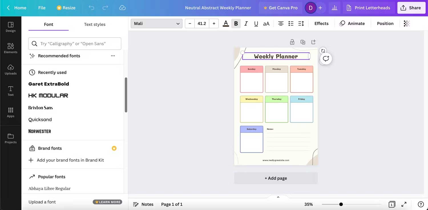 Chỉnh text trong bảng kế hoạch trên Canva