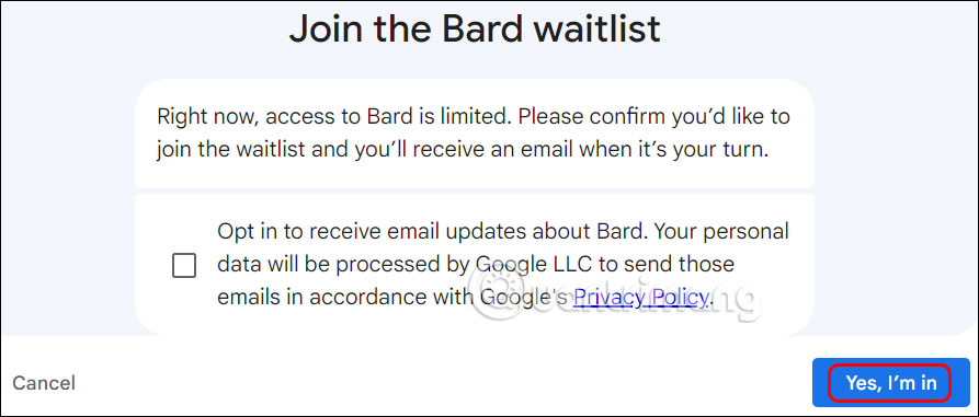 Đồng ý đăng ký tham gia Google Bard AI