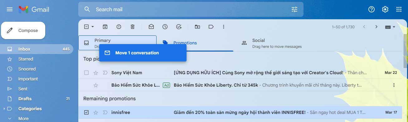 Chuyển email từ Promotion vào tab chính