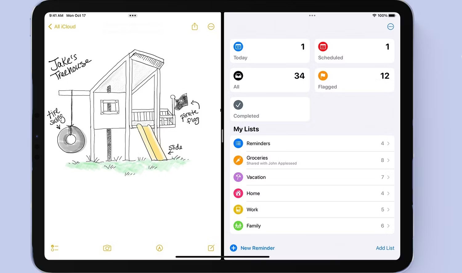 iPad với chế độ xem chia nhỏ ghi chú và lời nhắc