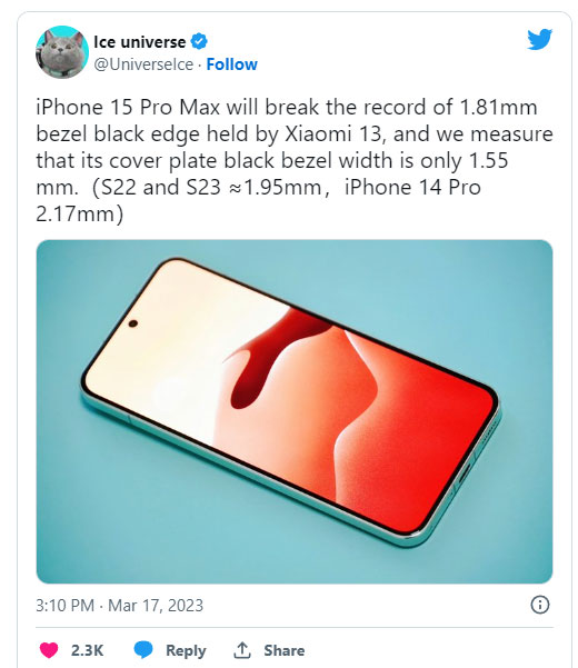 iPhone 15 Pro Max có thế trở thành mẫu smartphone có viền màn hình mỏng nhất thế giới