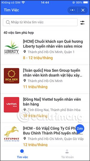 Thông tin tuyển dụng trên Zalo