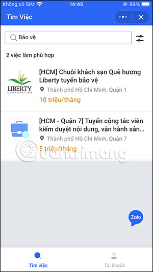Tìm kiếm công việc trên Zalo