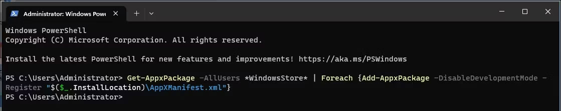 Đăng ký lại ứng dụng Microsoft Store cho tất cả người dùng