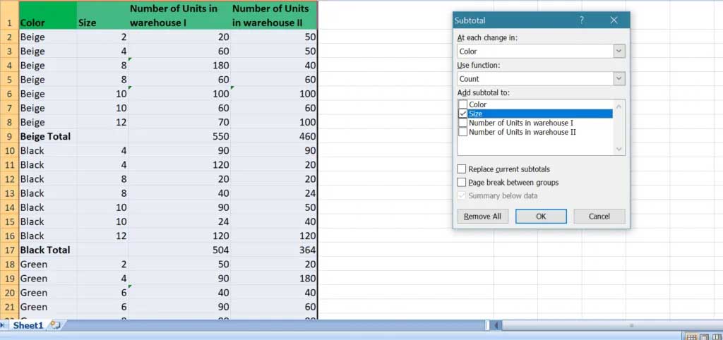 Example of subtotal spreadsheet in Excel