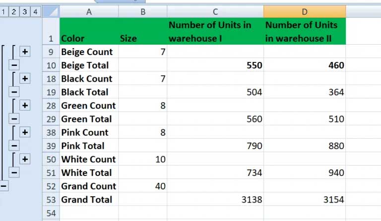 Subtotal data table in Excel