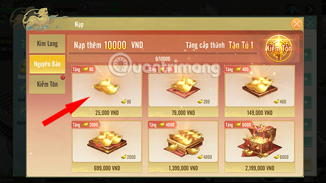Nạp Kiếm Thế Origin trực tiếp trong game