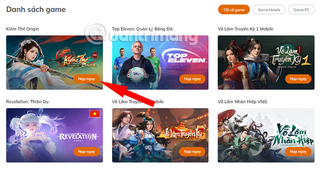 Nạp Kiếm Thế Origin trên web